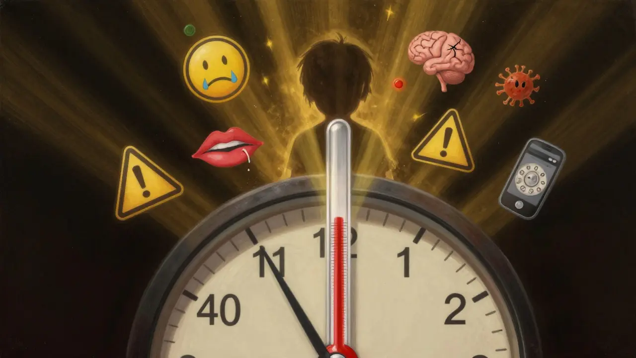 Hodiny ukazují 3:17, teploměr stoupá nad 40 °C, kolem něj plavou varovné symboly.