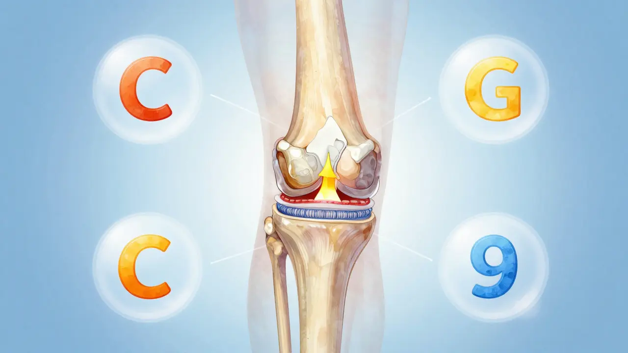 Ilustrace kolenního kloubu s výživovými látkami podporujícími obnovu chrupavky.