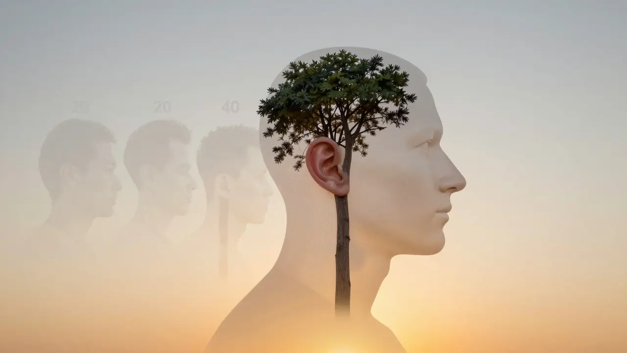 Koncepční obraz lidského těla s průhlednou kůží, kde uši a nos rostou jako stromy s ročními kruhy.