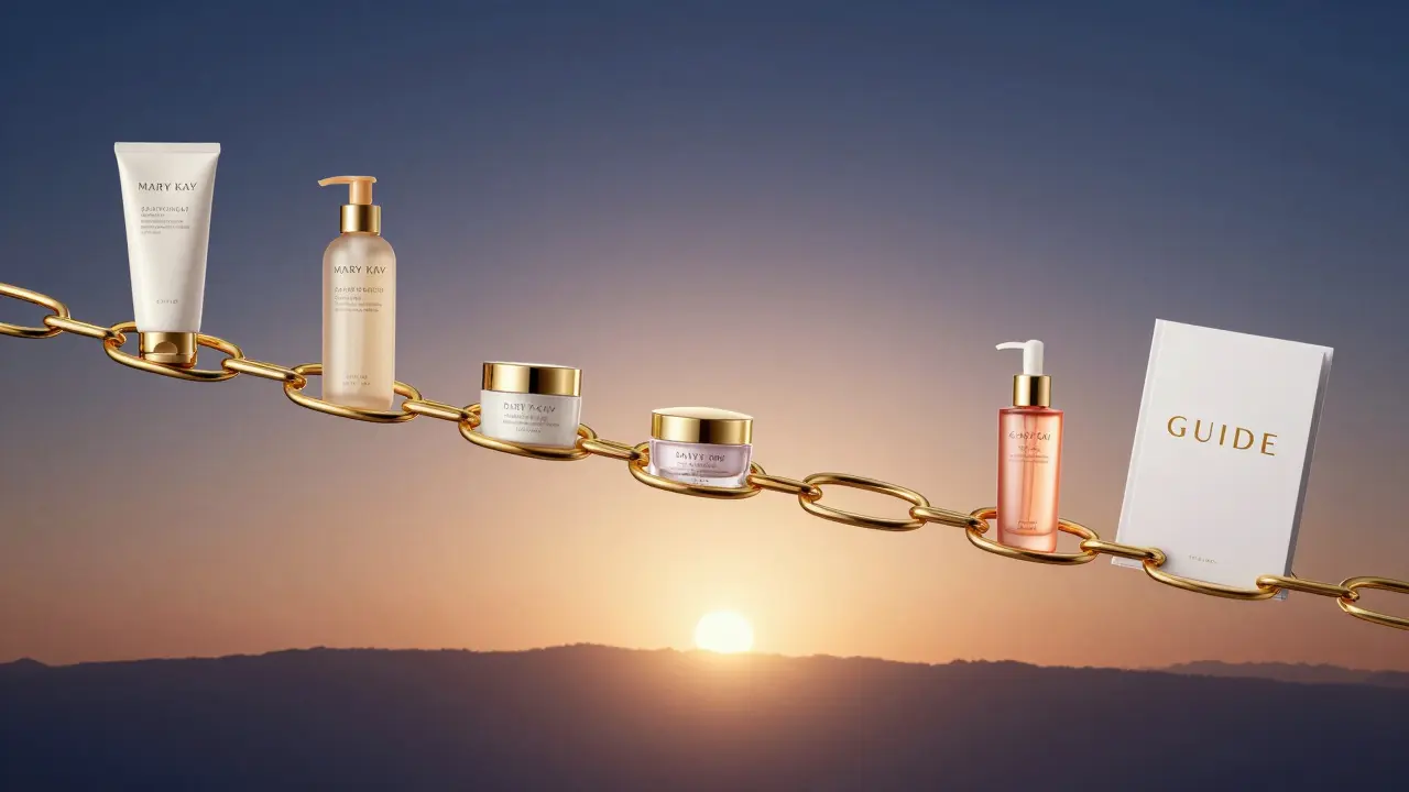 Konceptuální obrázek kosmetického systému Mary Kay jako zlatého řetězce spojujícího produkty s jasnou pokožkou.