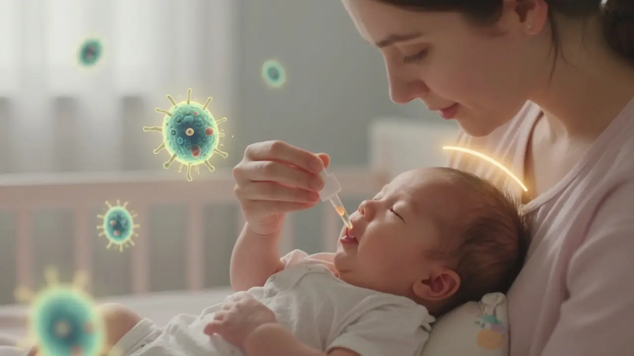 Matka podává novorozenci kapky s laktobacily 6, bakterie jsou znázorněny jako jemné světelné útvary.