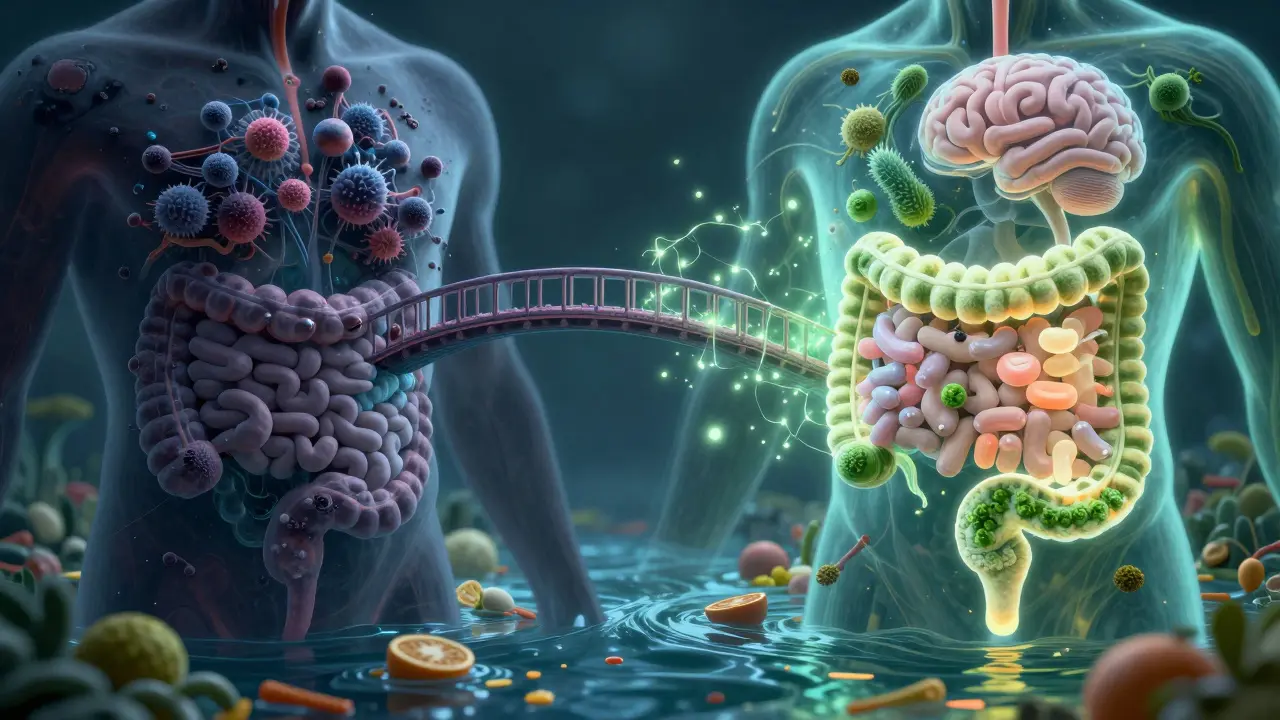 Most z mikrobiálních kolonií spojuje poškozené a obnovené střevo, symbolizující obnovu mikroflóry.