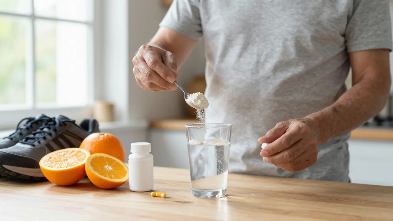 Muž připravuje rybí kolagen ve vodě s citróny a doplňkem