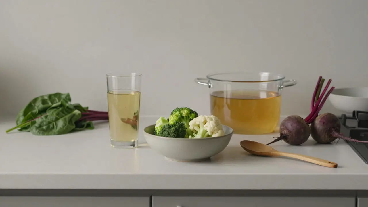 Na stole jsou zdravé potraviny při horečce: vařená brokolice, řepa, špenát a ředěný ovocný džus.