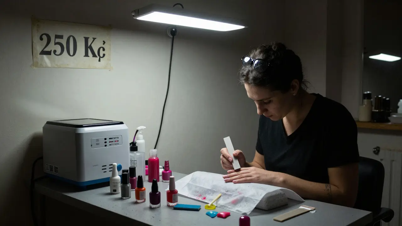 Nebezpečná pedikúra v levném salónu s opakovaně používanými nástroji a špatnou hygienou.