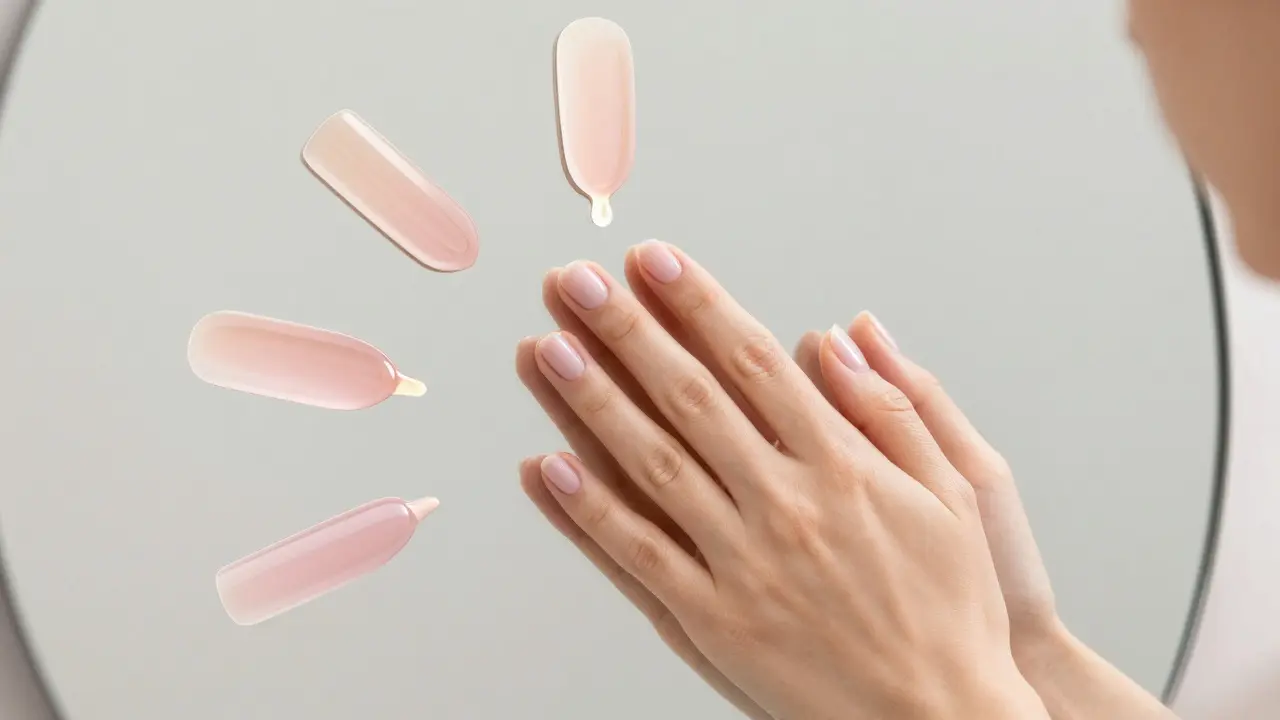 Odrážející se dokonalá manikúra s kroky přípravy kolem.