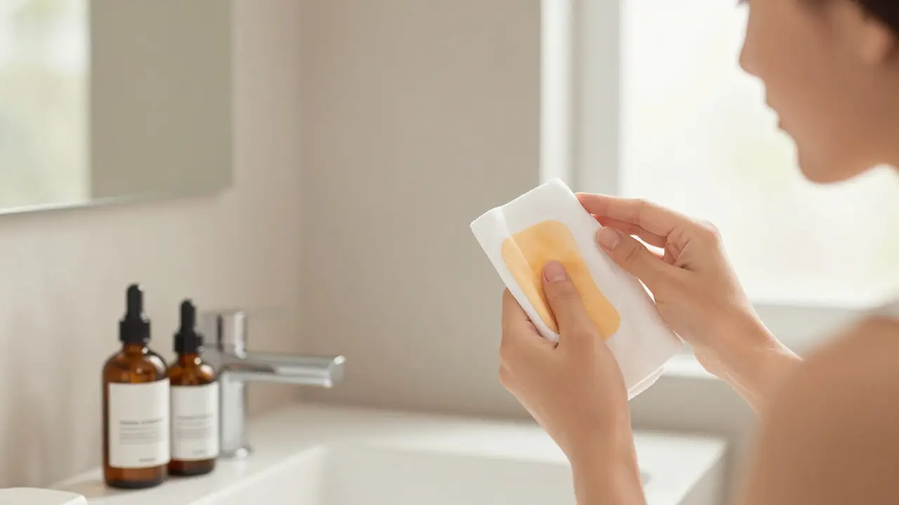 Osoba aplikuje teplou kompresi na tvář, vedle ní stojí léky na akné.