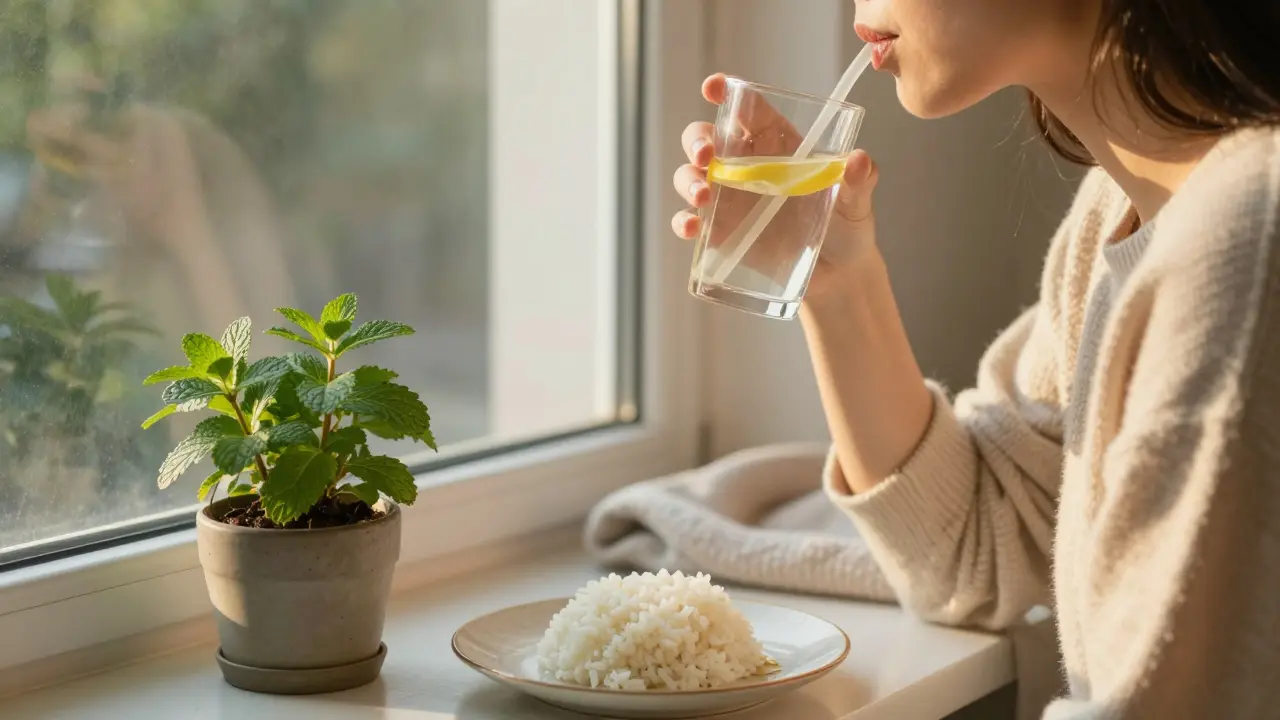 Osoba pije teplou vodu s citronem u okna, vedle ní bylinková rostlina a klidná atmosféra.