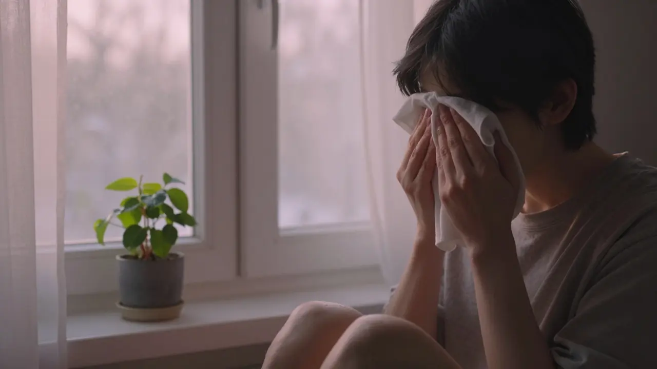 Osoba si přikládá chladný hadřík na obličej ve světle ranního slunce.