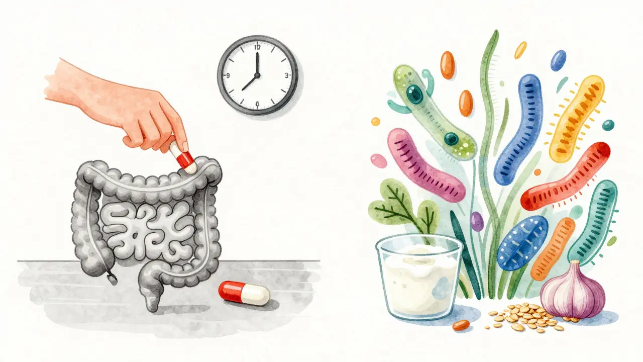 Osoba užívá probiotikum dvě hodiny po antibiotiku, s přírodními potravinami na pozadí.