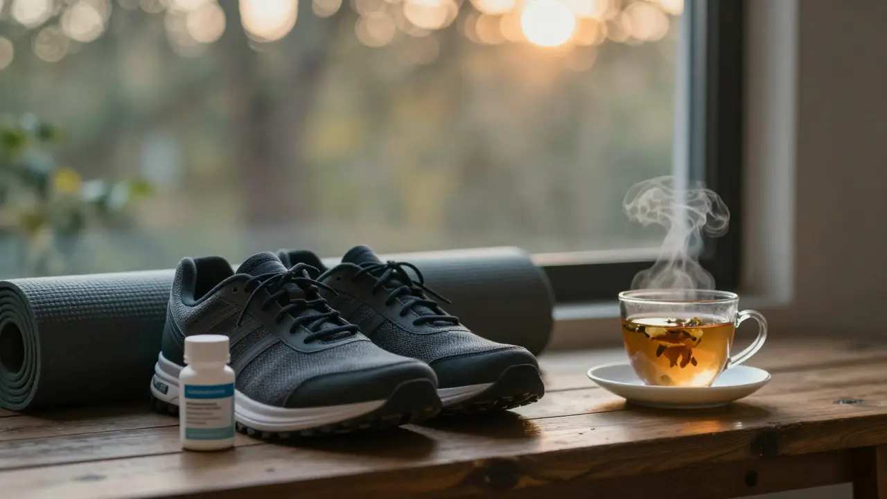 Pohodlné obuv a jógová matra s doplňkem pro klouby v klidném prostředí.