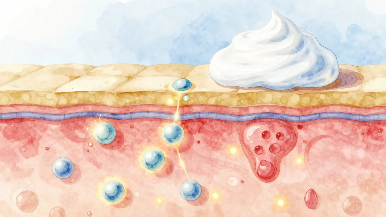 Přehled pokožky s molekulami séra pronikajícími do hlubších vrstev pod krémem.