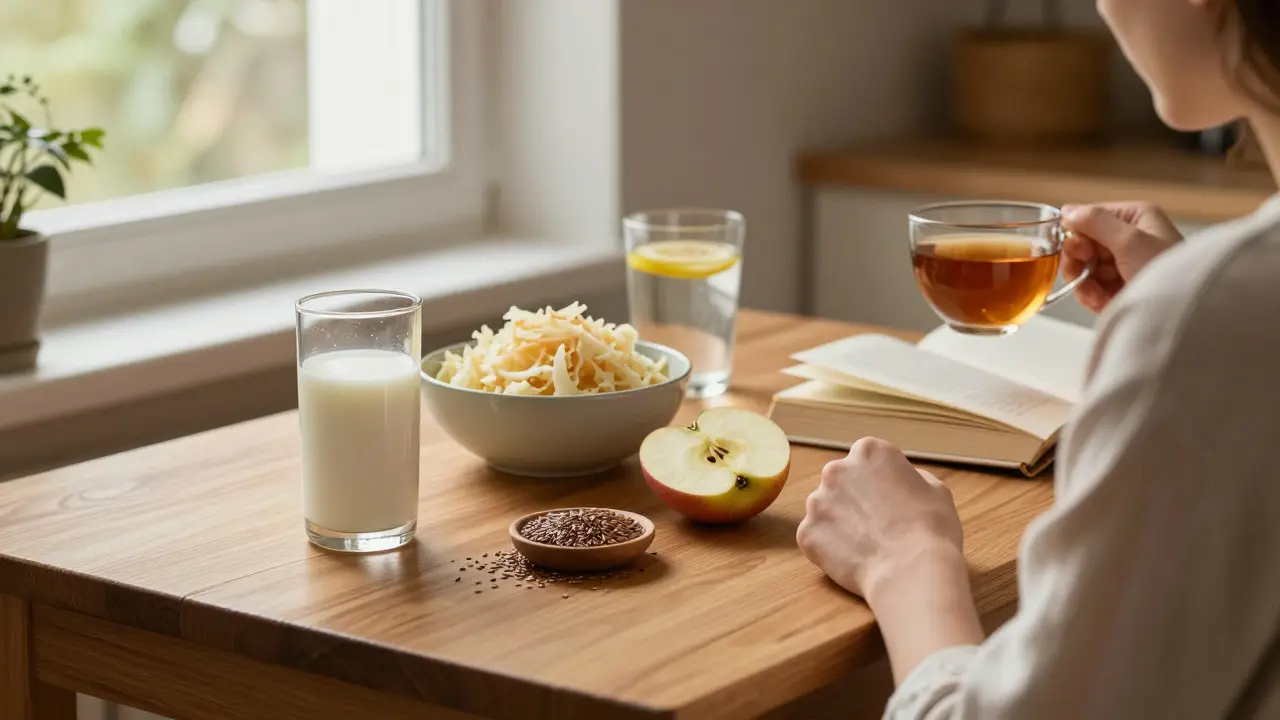 Přírodní snídaně s kefírem, kvasným zelím a vodou s citrónem v české kuchyni za klidného rána.