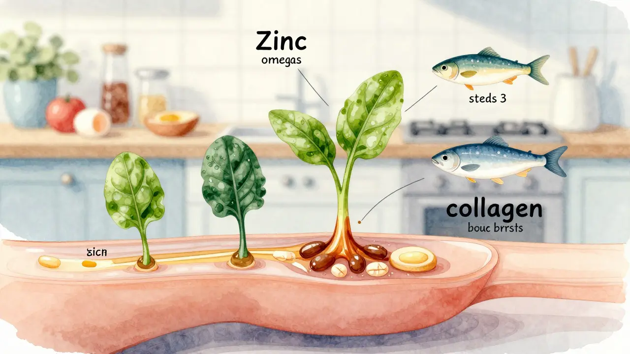 Průřez nehtem, který roste z lůžka, napájený živinami z potravin – biotin, zinek, omega-3 a kolagen – v stylu vodové obrazovky.