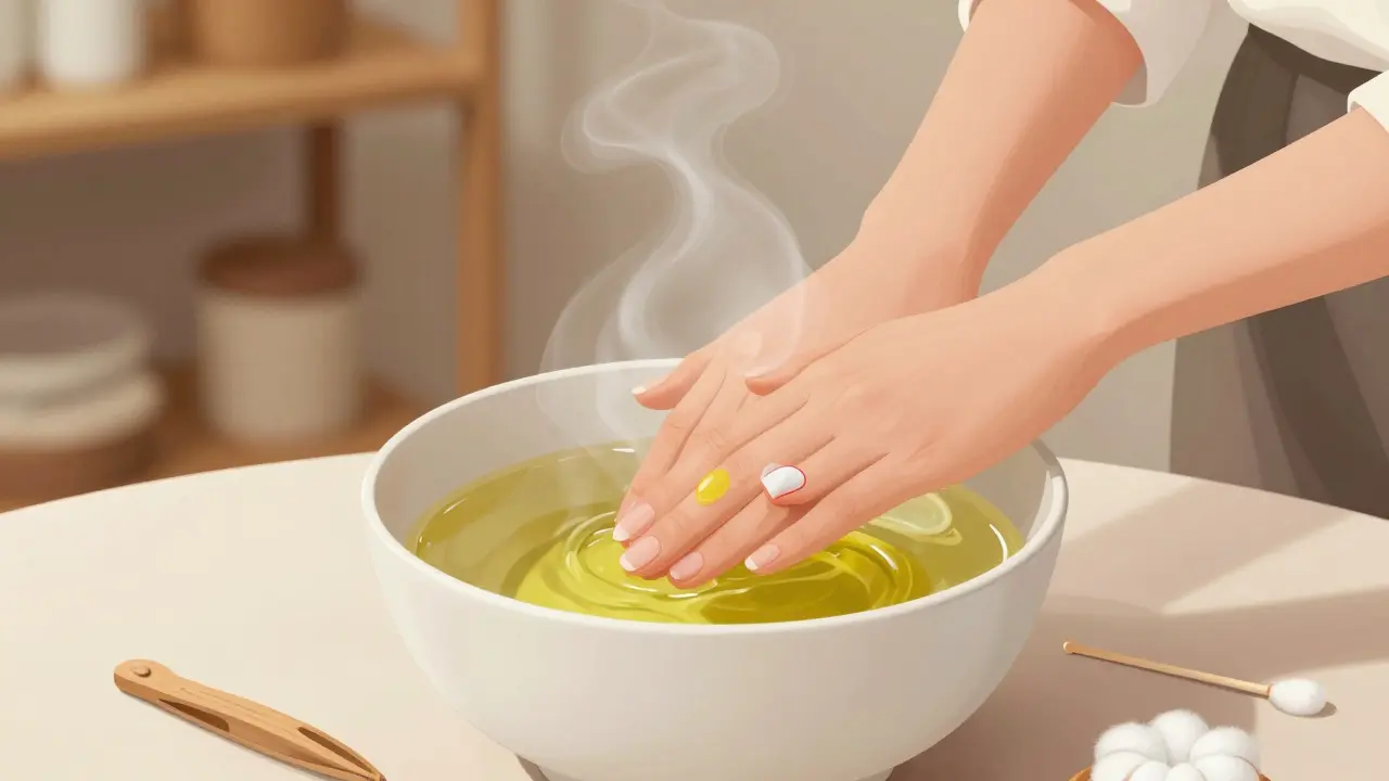 Ruce ponořené ve studené vodě s olejem, press on nehty se pomalu odlepují.