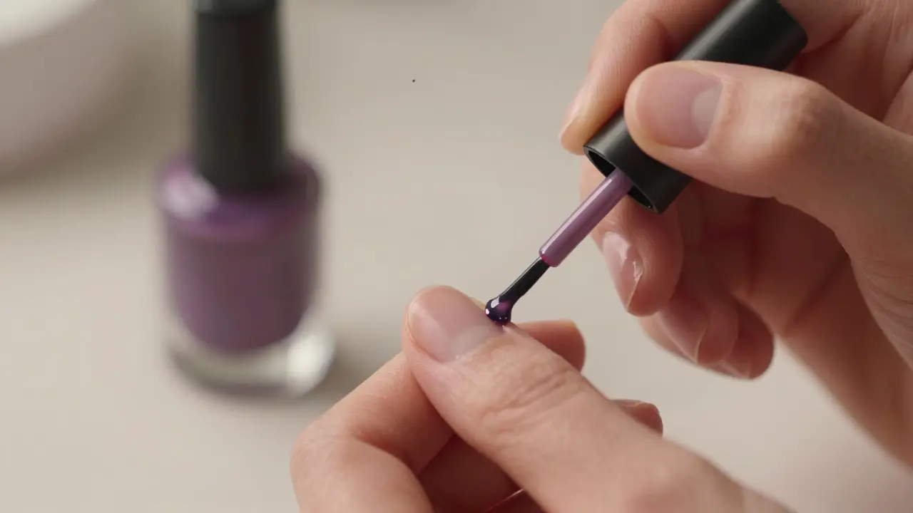 Ruka přesně nanáší lak na neht jedním plynulým pohybem.