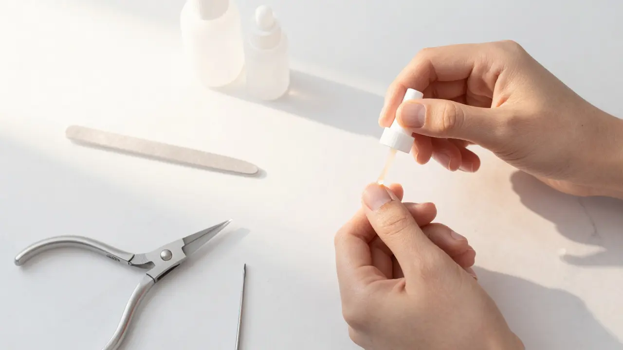 Ruka s opraveným lámaným nehtem na bílém mramoru, s lehkými siluetami nástrojů kolem.