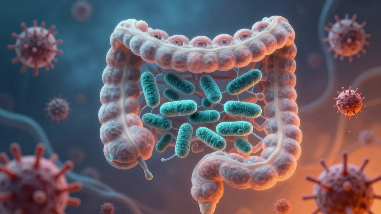 Střevní mikroflóra s přirozeně se přichytávajícími laktobacily 6 chránícími před škodlivými bakteriemi.