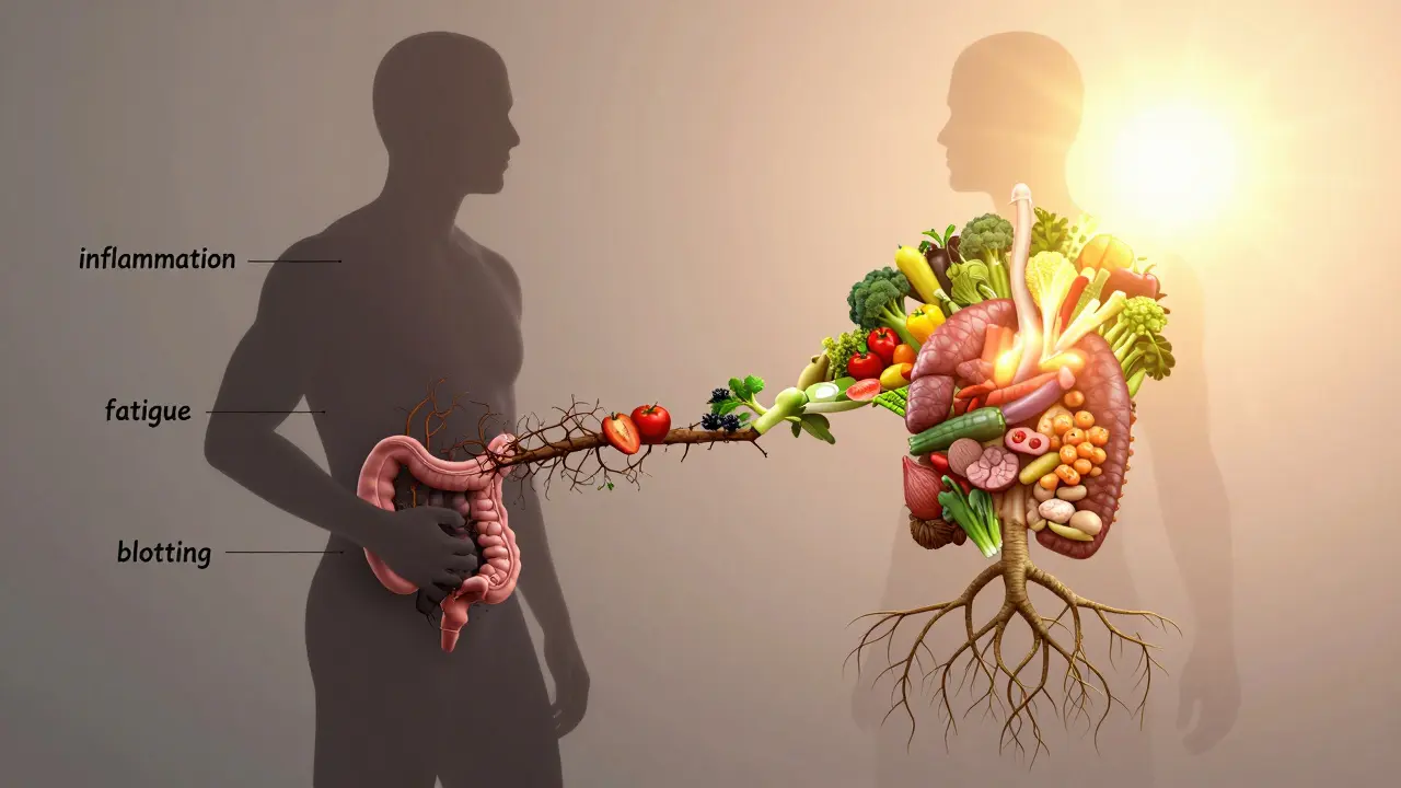 Symbolický obraz lidské postavy s těžkými, zánětlivými kořeny na jedné straně a zdravými, osvěženými na druhé.