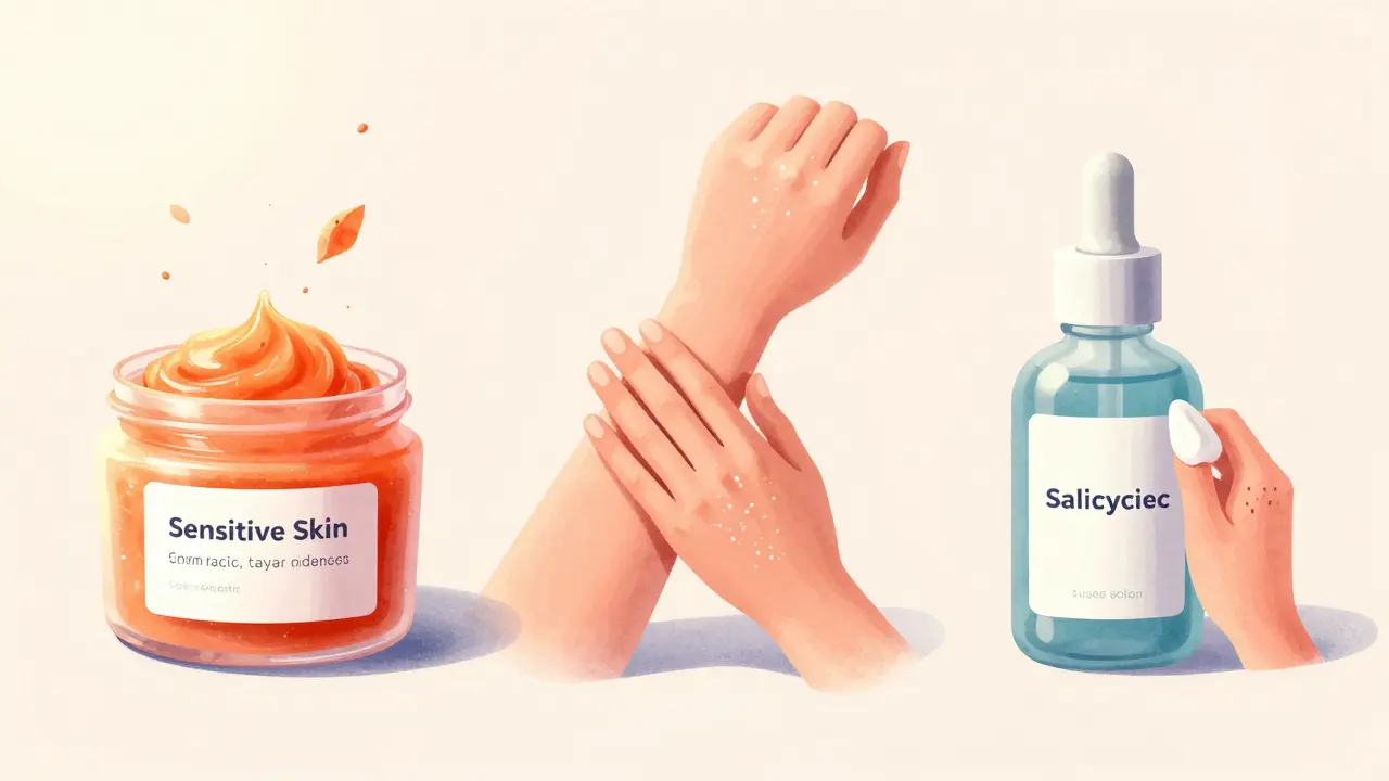 Tři druhy peelingu: enzymatický, fyzický a chemický na různých částech těla.