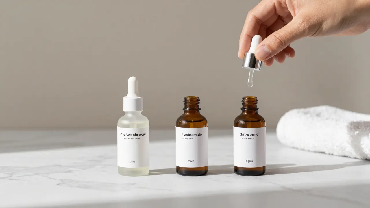 Tři typy séra na mramoru, každé s jednou kapkou ve vzduchu, označené podle typu pokožky.