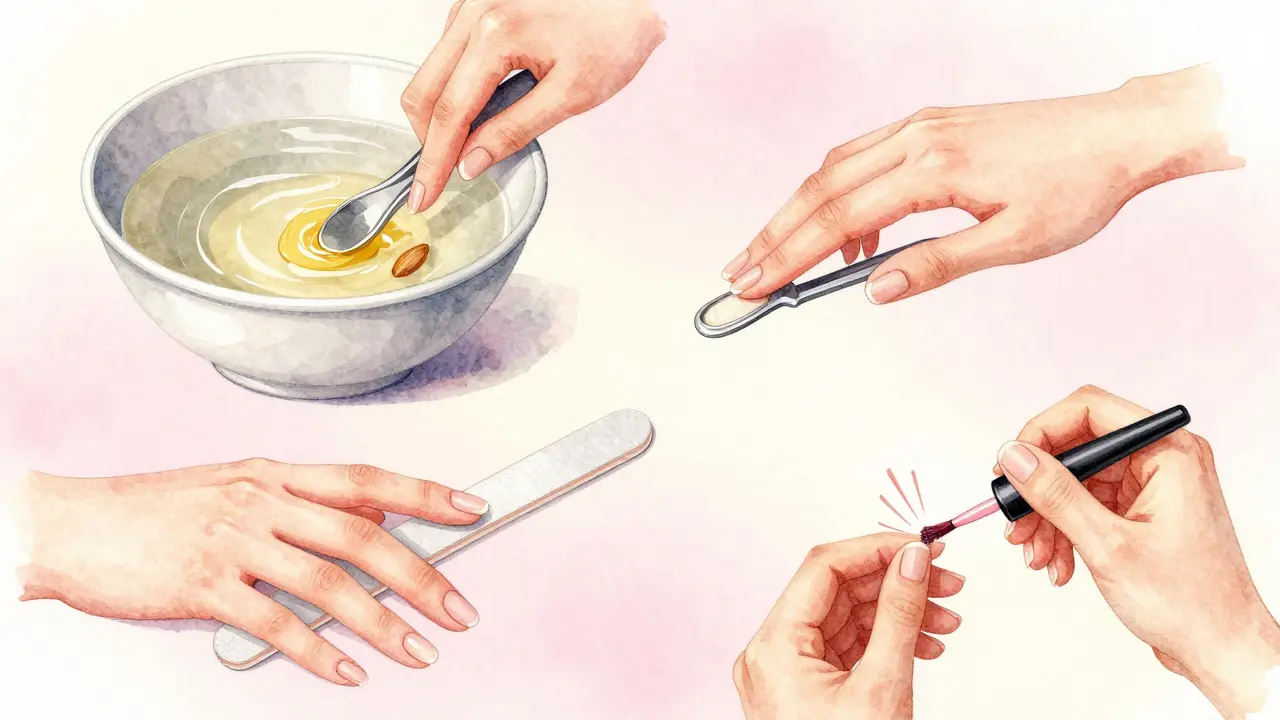 Vodní kresba znázorňující kroky manikúry: namočení, odtlačování kůže, tvarování a lakování.