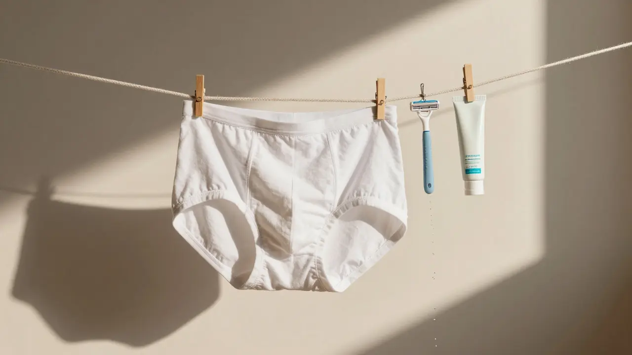Volné plavky a čistá britva na šnúře s krémem, znázorňující péči po holení.