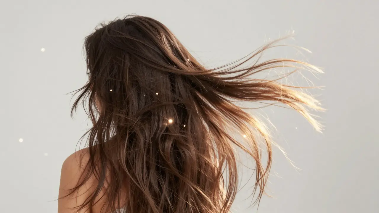 Zdravé, objemné vlasy se volně vlní ve větru, symbolizující přirozenou rovnováhu.