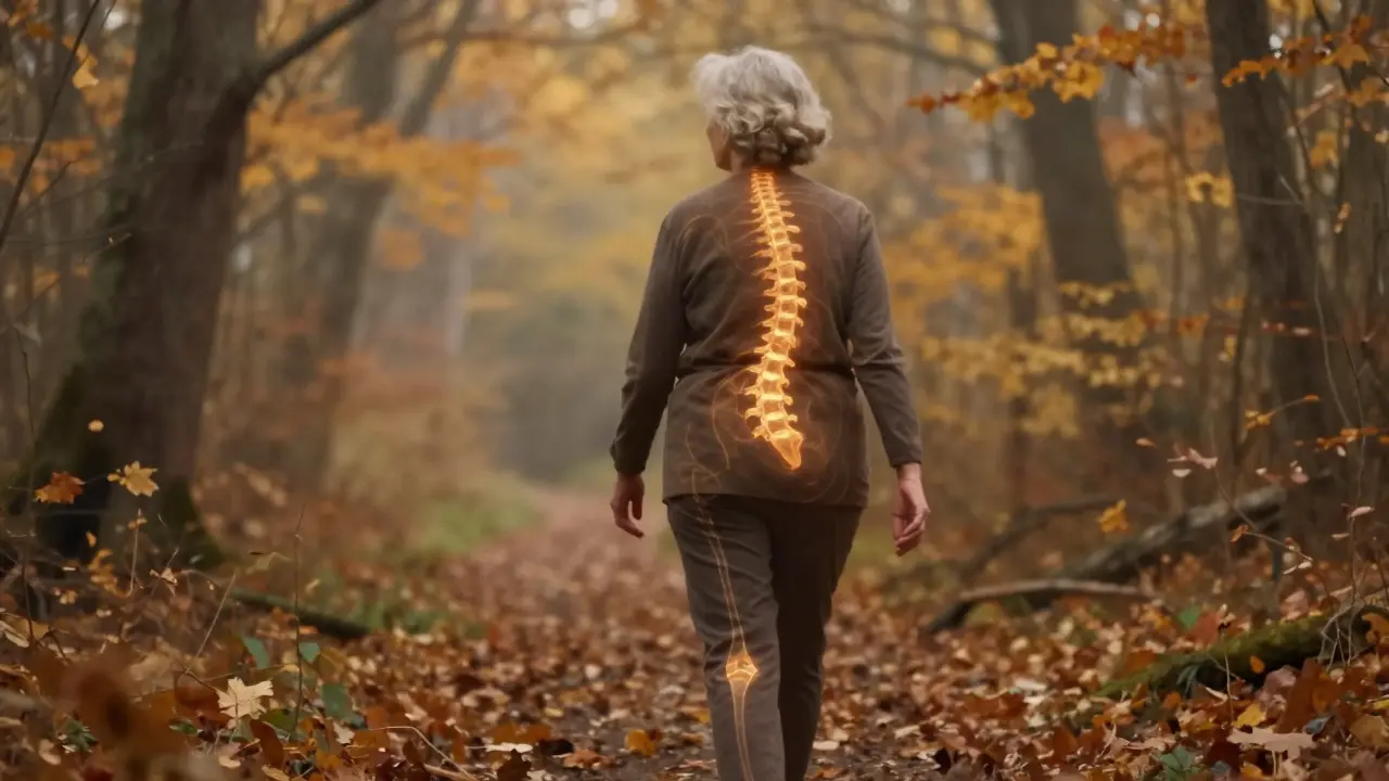 Žena kráčí lesní stezku s vizuální reprezentací regenerace kloubů