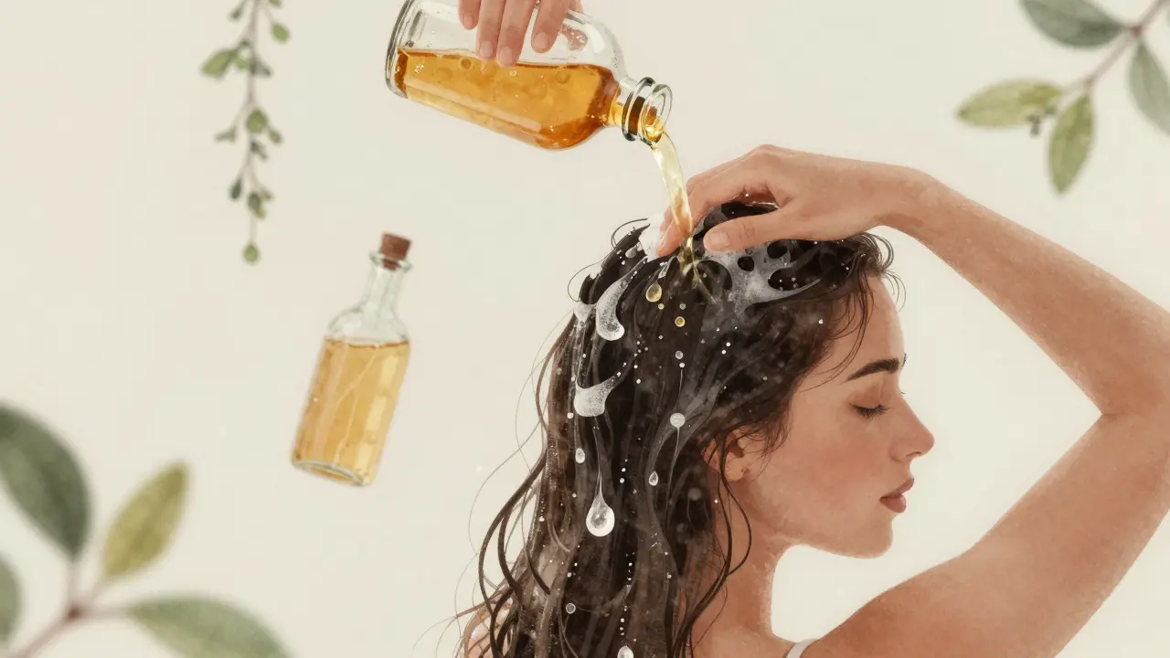 Žena oplachuje vlasy jablečným ocetem, kapky vody prudce padají z vlasů.