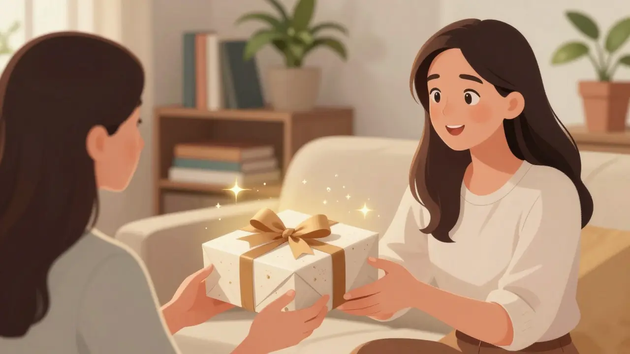 Žena předává balíček Mary Kay jako dárek jiné ženě v pohodlném bytě, obě mají klidné výrazy.