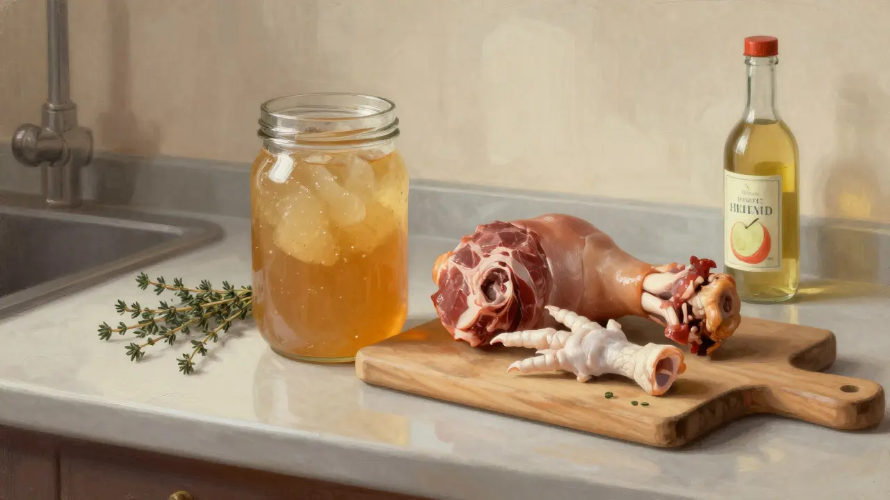 Ztuhlý vývar v skleněné nádobě vedle prasecí nohy a kuřecích nožek v české kuchyni.