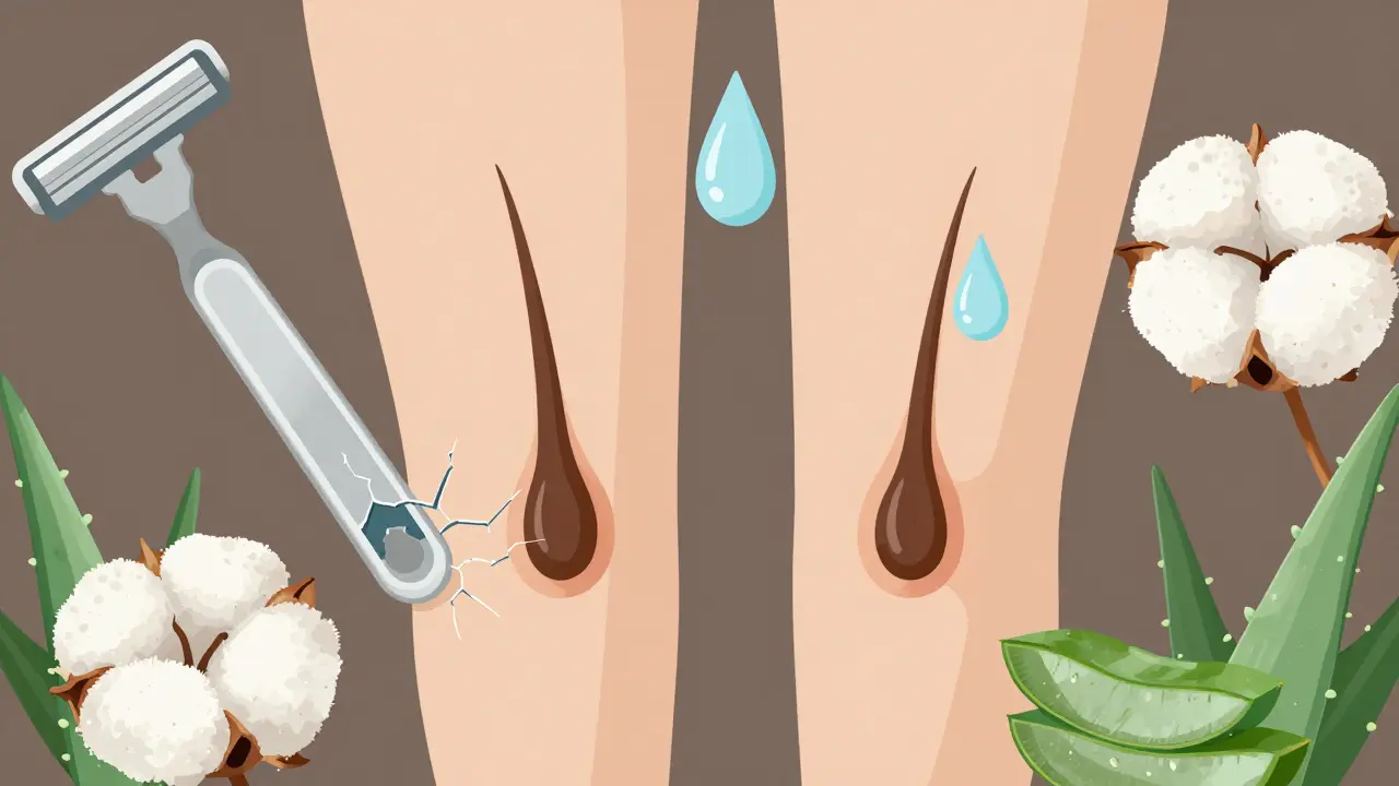 Zvětšený pohled na vlasové folikuly mezi nohama s symbolickými prvky péče o kůži.