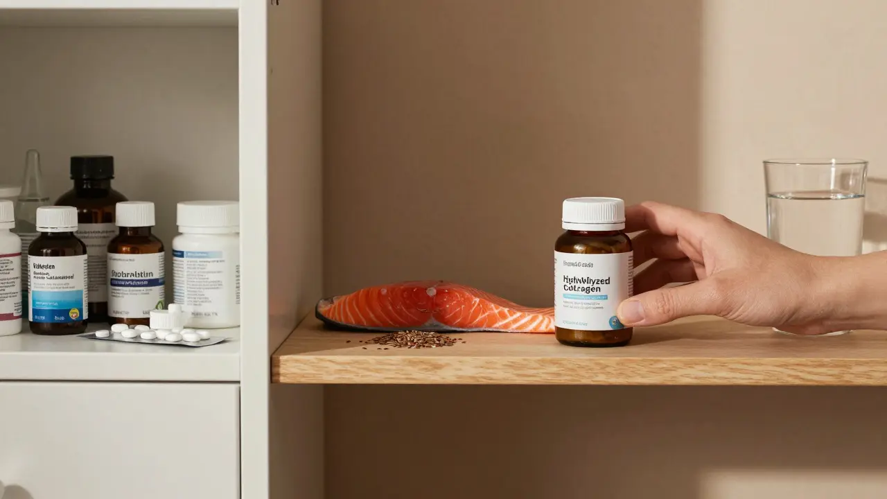 Čistá polička s rybím kolagenem a zdravými potravinami vedle starých léků.