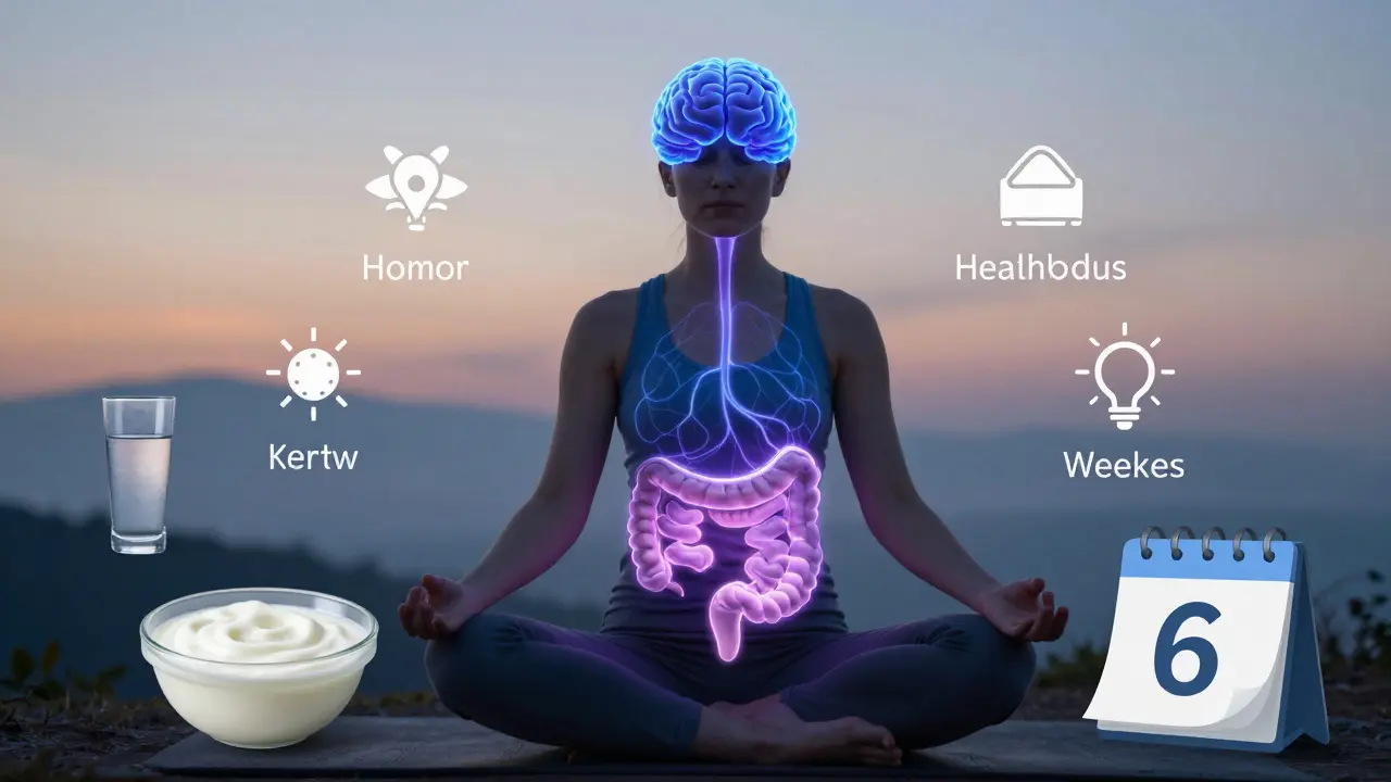 Člověk meditující s propojením mezi střevy a mozkem.