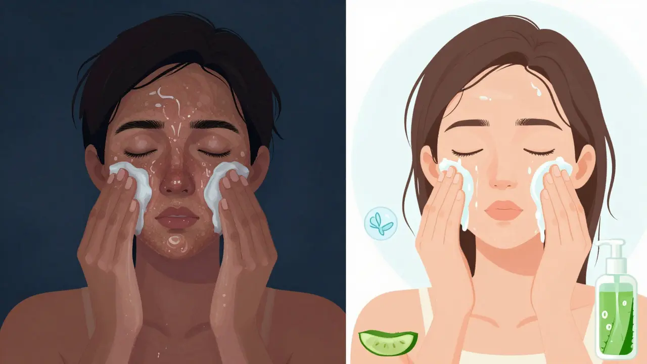 Dvě části obrázku: jedna ukazuje čištění mastné pleti, druhá jemné opláchnutí suché pleti.