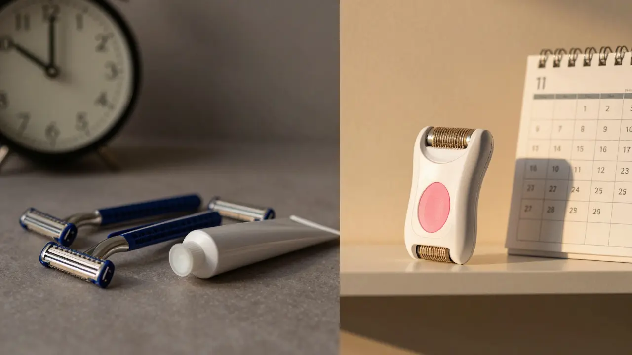 Dvě scény: hromada použitých britvek a krémků vs. jediný epilátor s kalendářem.