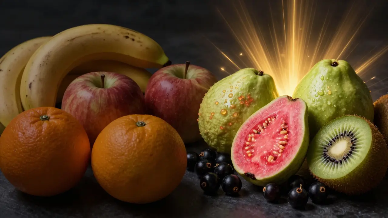 Dvě strany: běžné ovoce s tlumenými barvami a výkonné zdroje vitamínu C v živých tónech