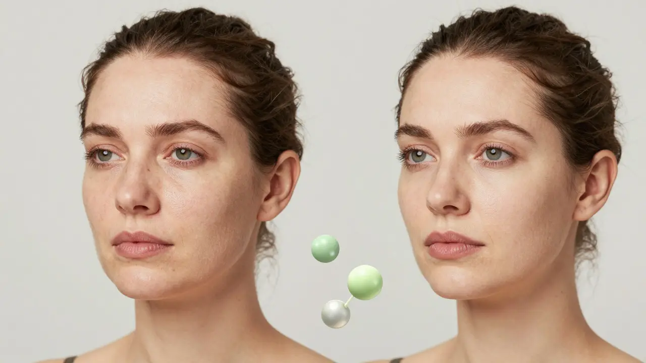 Dvě tváře: jedna s mírným poklesem kůže, druhá s vylepšeným kontourem po 12 týdnech používání krému.