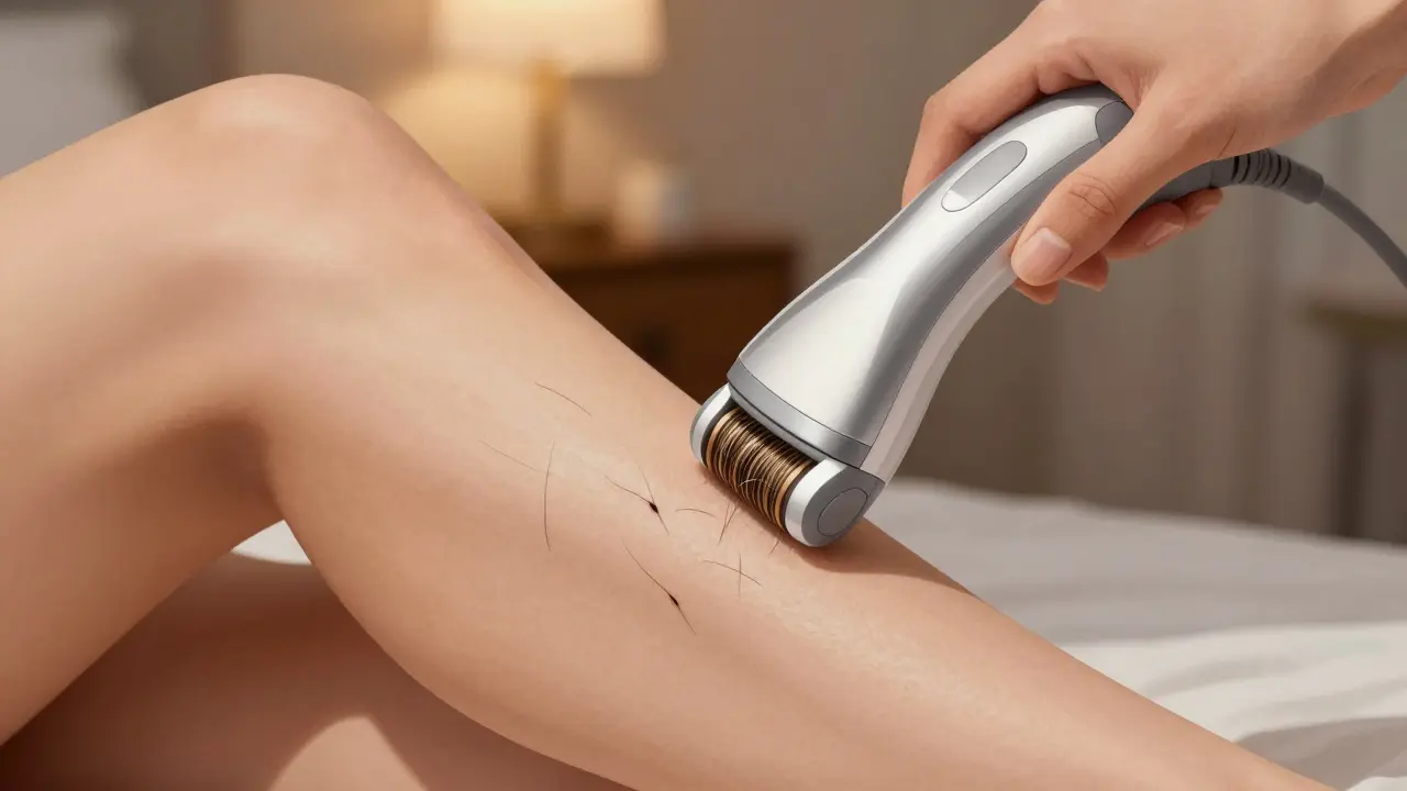 Epilátor vytahuje chloupky z kořene na noze, detailní zobrazení kůže a vlasů.