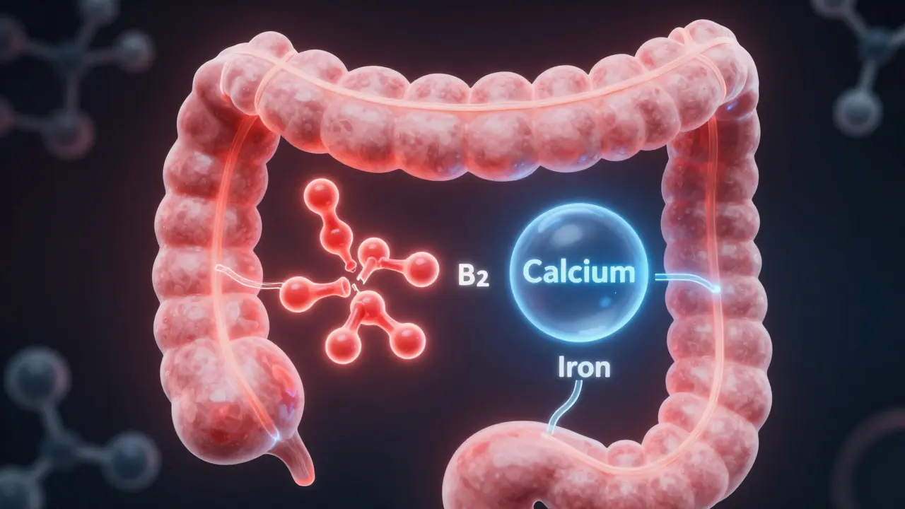 Ilustrace střev, kde vitamín C ničí B12 a vápník blokuje železo, vědecký styl s barevnými molekulami.
