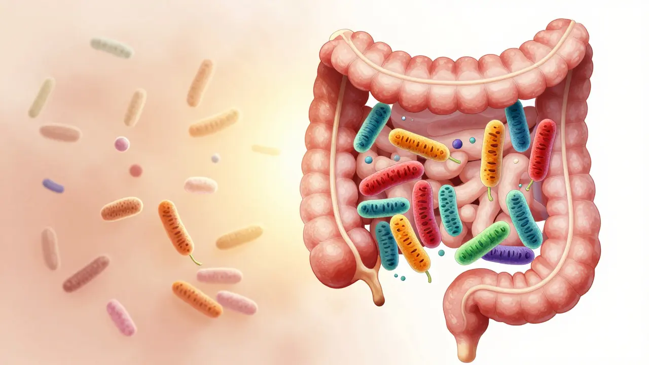 Ilustrace střev s obnovujícími se prospěšnými bakteriemi po antibiotikách.