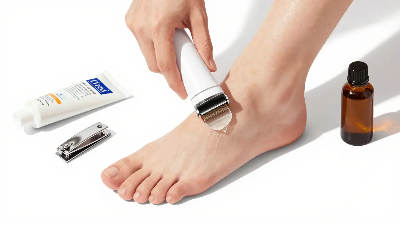 Jemné odstraňování zhrubnutí na patach pomocí elektrického brusáku s krémem a nůžkami.