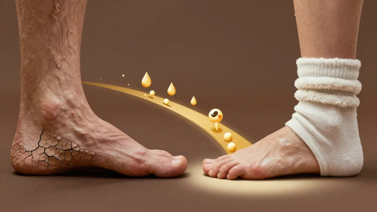 Kontrast mezi zdravými a zhrublými patami s cestou hydratace, symbolizující péči o nohy.