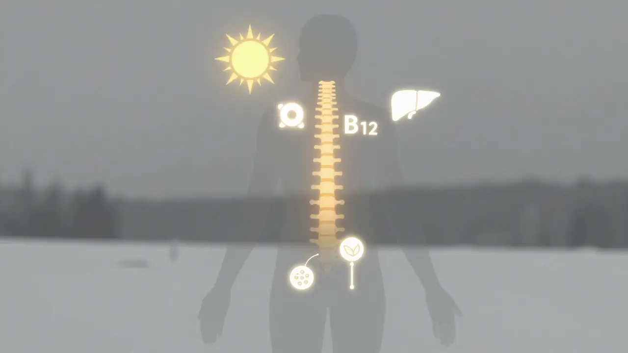 Kontur lidského těla s grafickými symboly nedostatků vitamínů a minerálů.