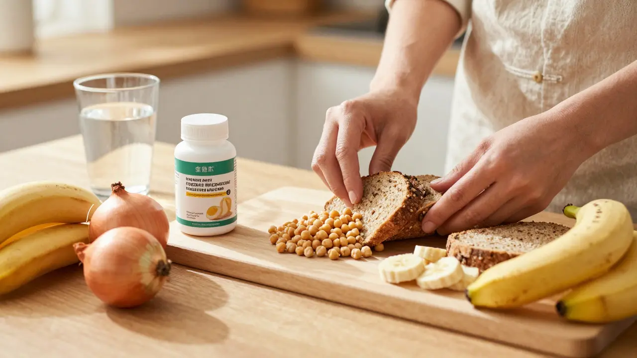 Kuchyně s potravinami bohatými na vlákninu a probiotikem na pozadí.