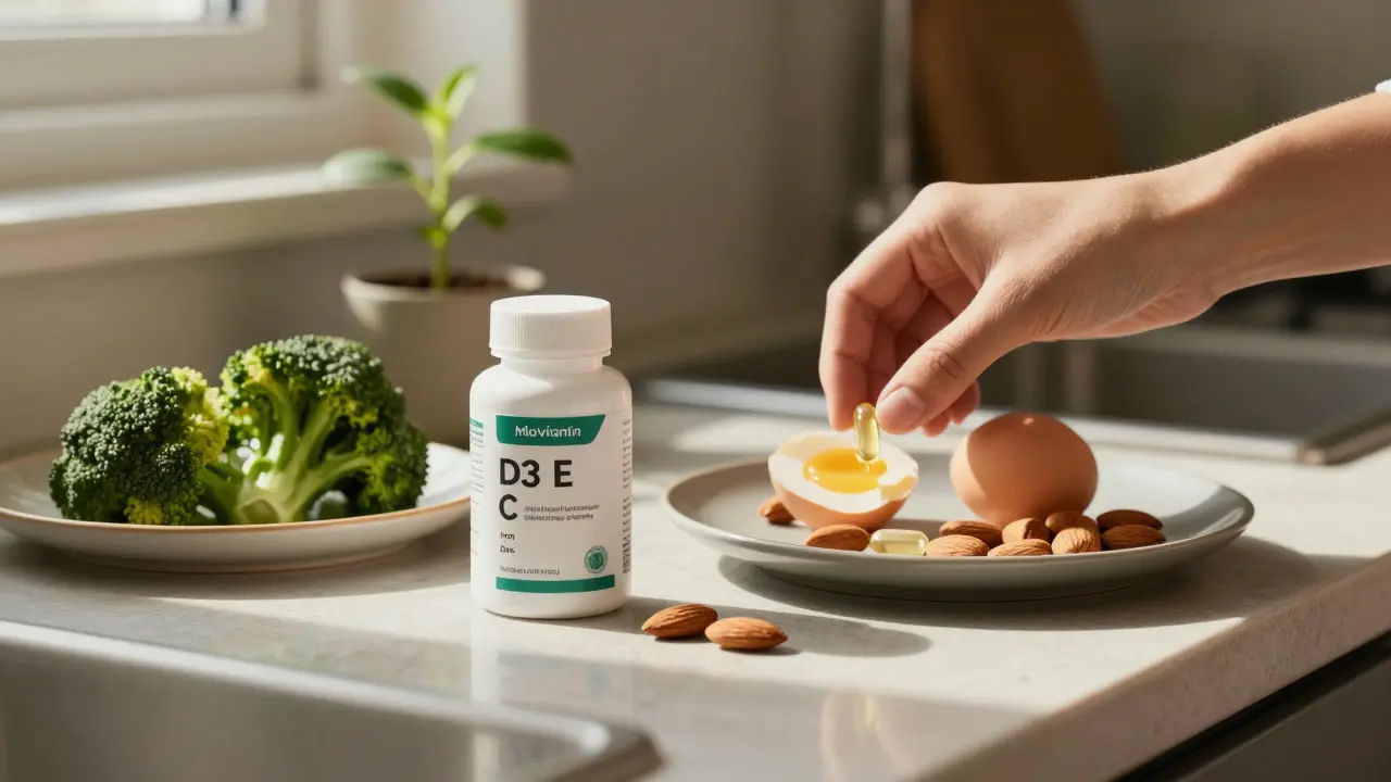 Kuchyňský stůl s multivitamínem a potravinami bohatými na vitamíny pro vlasy: vejce, ořechy, brokolice a olivový olej.