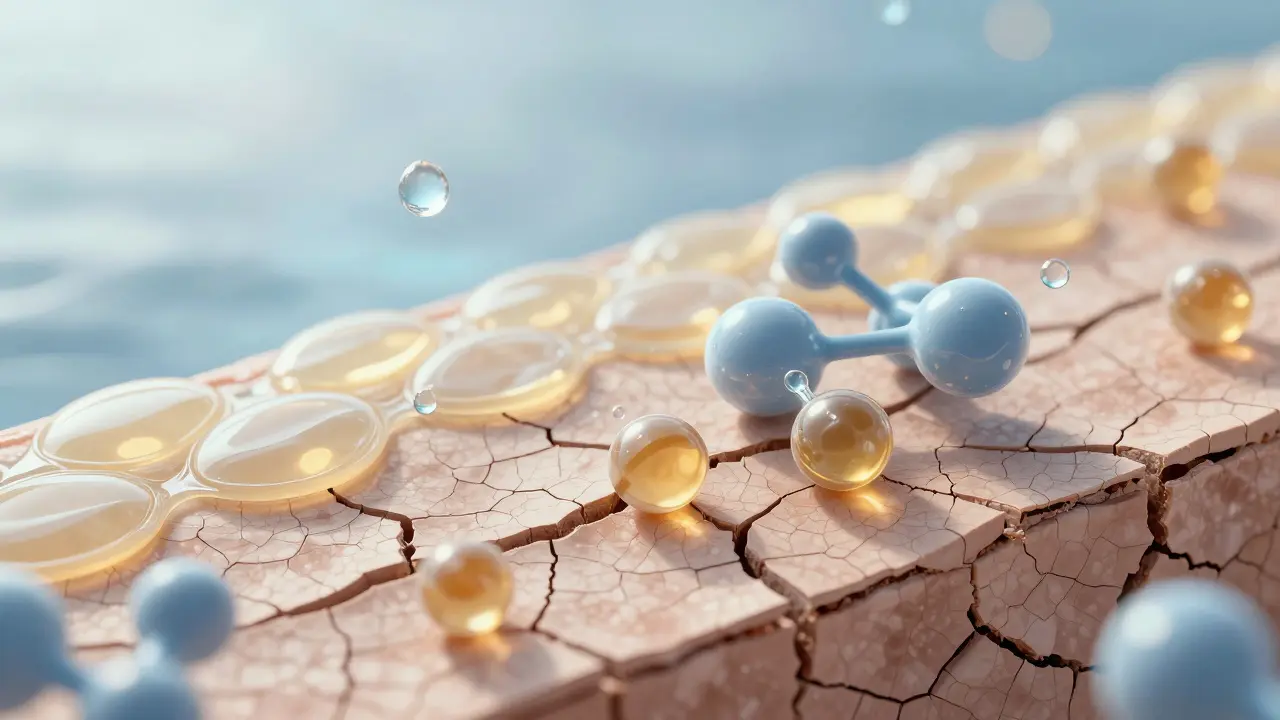 Mikroskopický pohled na obnovu lipidové bariéry kůže ceramidy a hyaluronovou kyselinou.