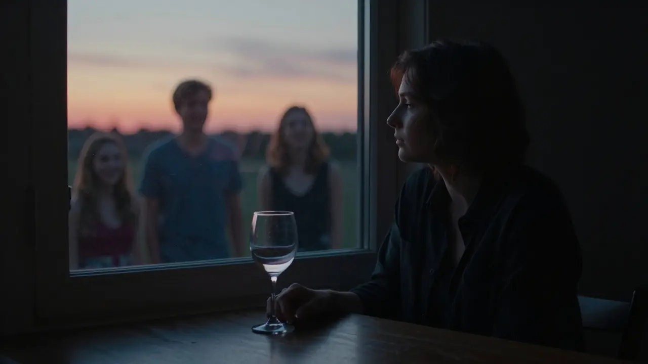 Muž sedí v temné místnosti a dívá se na sklenici vína, za ním zastíněné smíjící se postavy