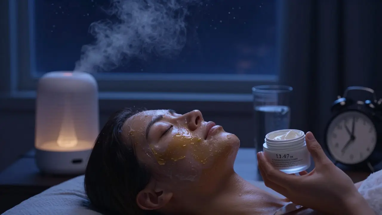 Noční péče o pleť: olej na obličeji, difuzor v pozadí a hvězdná obloha přes okno.